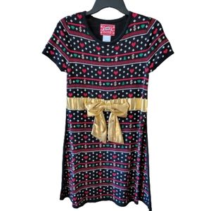 HYBRID Holiday Sweater Dress  Short-Sleeved Christmas Black Gold Juniors Large